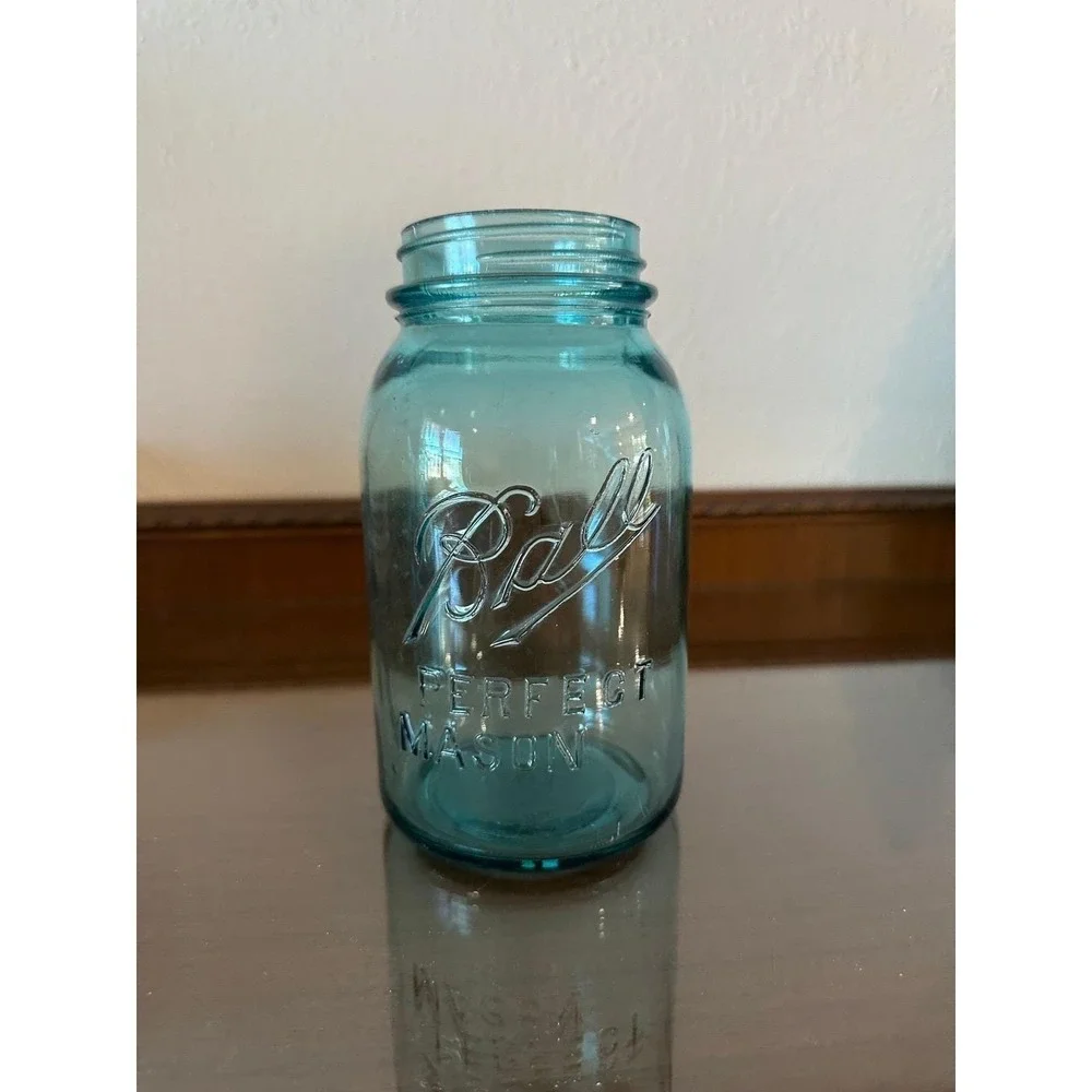 Antique Ball Perfect Mason Blue Quart Jar 1910-1923 Aqua Glass Mold 5